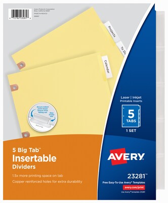 Avery Big Tab Insertable Paper Dividers, 5 Tabs, Clear, Copper Reinforced (23281)