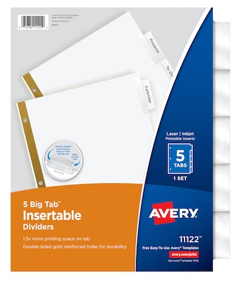 Avery Big Tab Insertable Paper Dividers, Clear 5 Tab, White (11122)