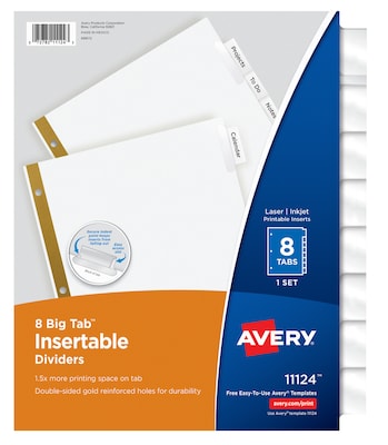 Avery Big Tab Insertable Paper Dividers, Clear 8 Tab, White   (11124)