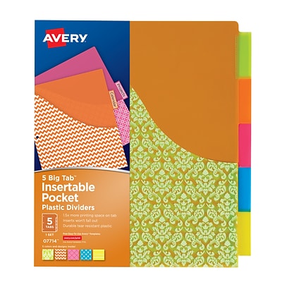 Avery Big Tab Pocket Divider, 5 Tab, 5 Tab/Set, Letter, 8.50 Width x 11 Length, Multicolor Plastic Divider, 1/Set