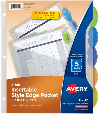 Avery Style Edge Insertable Plastic Divider, 5-Tab, Multicolor (11292)