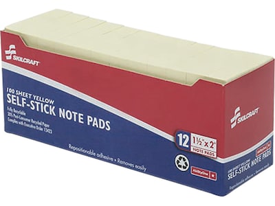 AbilityOne Skilcraft Recycled Notes, 1 1/2 x 2, Yellow, 100 Sheet/Pad, 12 Pads/Pack (7530011167866