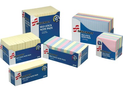 AbilityOne Skilcraft Recycled Notes, 1 1/2 x 2, Yellow, 100 Sheet/Pad, 12 Pads/Pack (7530011167866