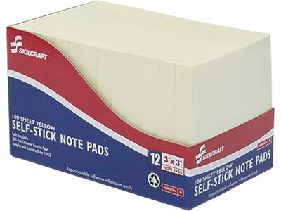AbilityOne Skilcraft Recycled Notes, 3" x 3", Yellow, 100 Sheet/Pad, 12 Pads/Pack (7530011167867)