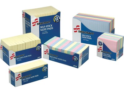 AbilityOne Skilcraft Recycled Notes, 3" x 3", Yellow, 100 Sheet/Pad, 12 Pads/Pack (7530011167867)