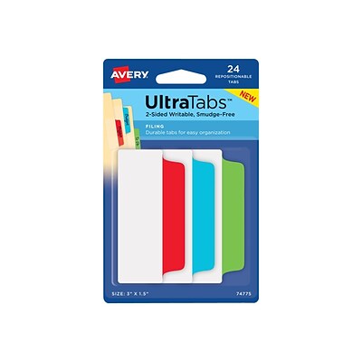 Avery Ultra Tabs, 3 Wide, Assorted Colors, 24/Pack (74775)