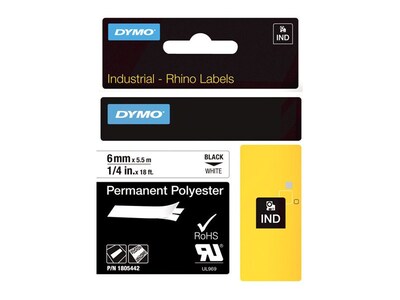 DYMO Rhino 1805442 Label Maker Tape, 1/4W, Black on White