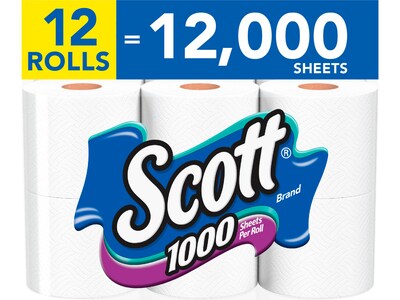 Scott 1-Ply Standard Toilet Paper, White, 1000 Sheets/Roll, 12 Rolls/Case (10060)