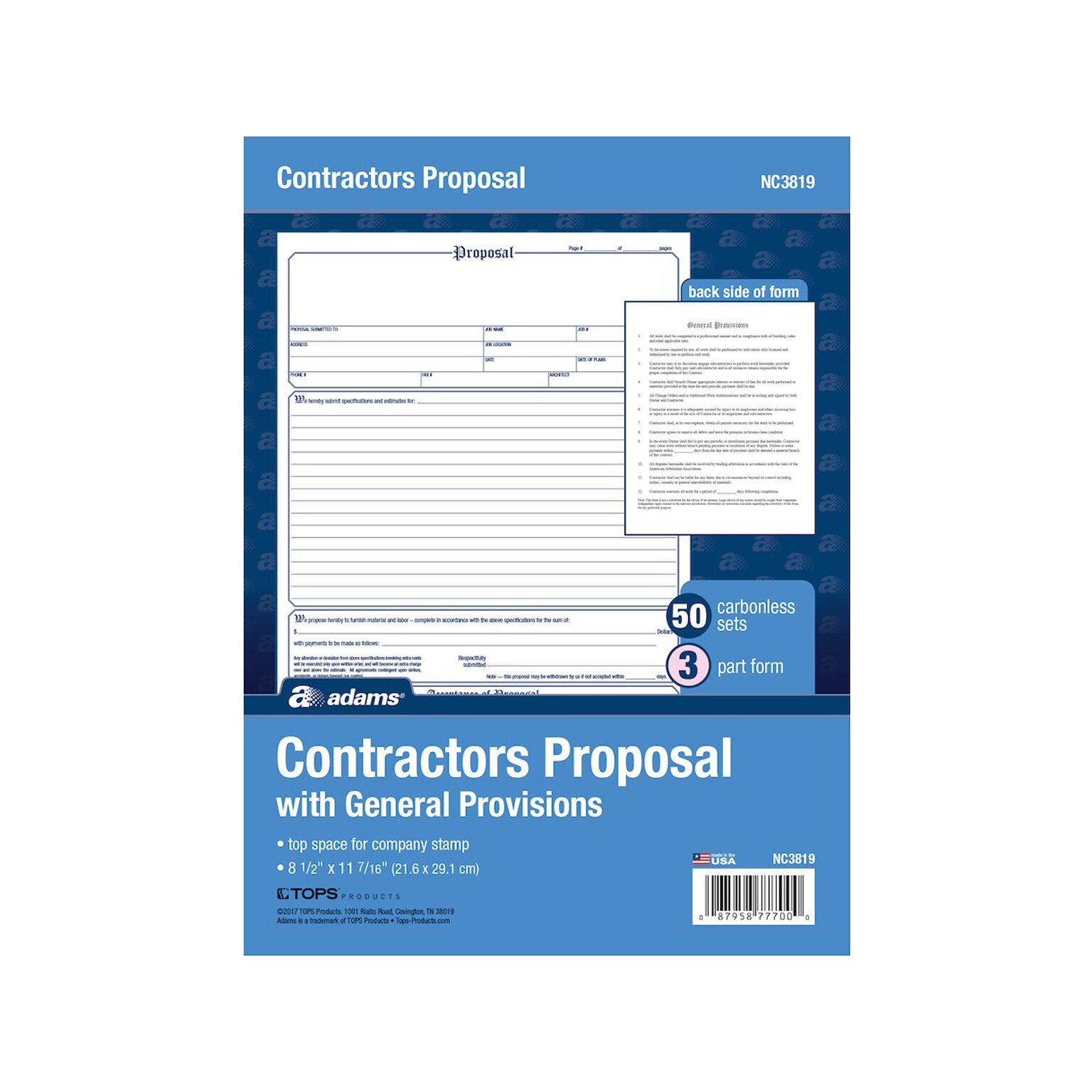 Adams 3-Part Carbonless Contractor Proposal Forms, 8.5 x 11.44, 50 Sets/Book (NC3819)