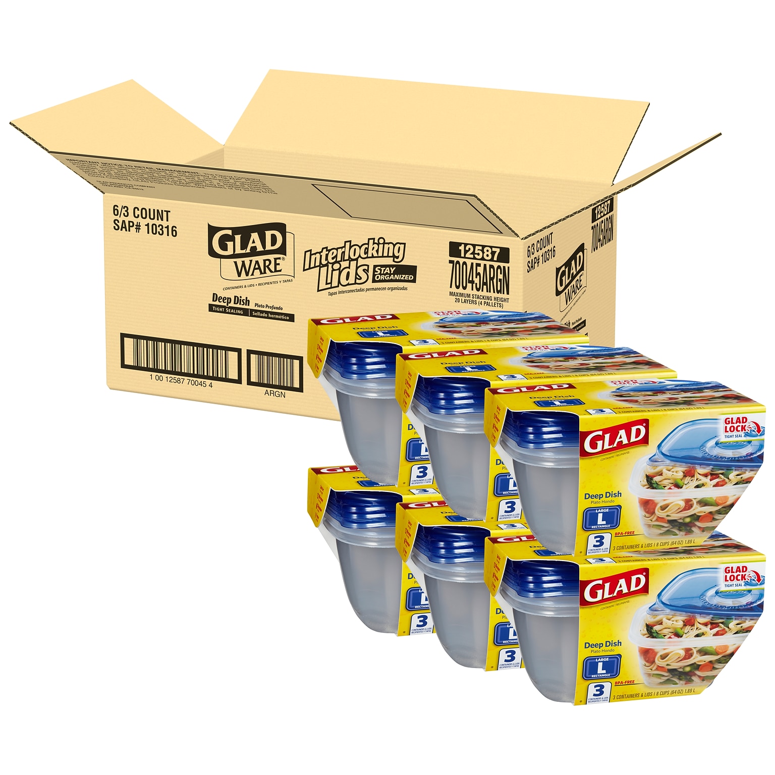 Glad Deep Dish Containers, 64 Oz., 3 Containers/Pack, 2 Packs/Carton (70045)