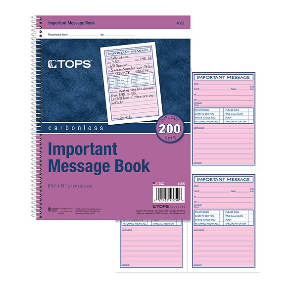 TOPS Important Message Book, Ruled, 2-Part, White/Canary, 11 x 8 1/4, 1/Ea (4005)