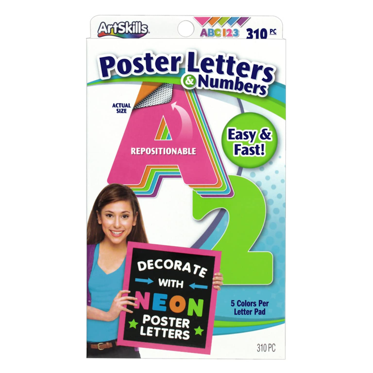 ArtSkills 3 Text Letters and Numbers, Assorted Neon Colors, 310/Pack (PA-1464)
