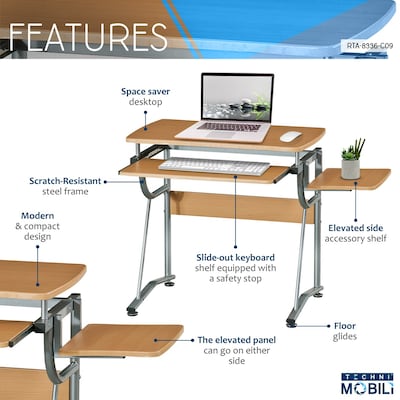Techni Mobili 43"W Compact Computer Desk with Side Shelf and Keyboard Panel, Cherry (RTA-8336-C09)