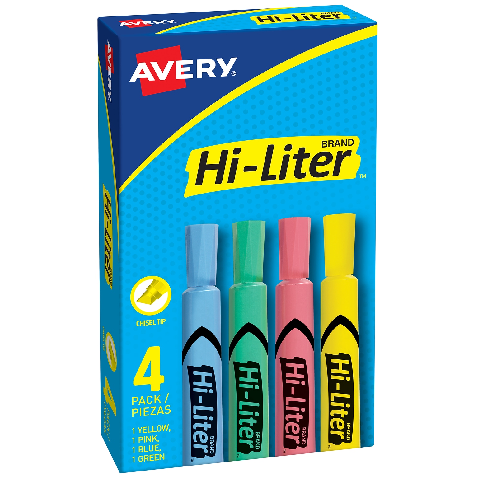 Avery Hi-Liter Tank Highlighter, Chisel Tip, Assorted, 4/Pack (17752)