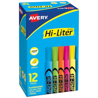 Avery HI-LITER The Original Tank Highlighters, Chisel, Assorted Fluorescent, 12/Set (98034)