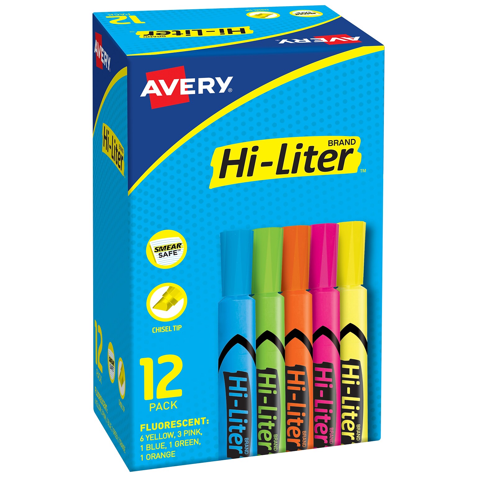 Avery HI-LITER The Original Tank Highlighters, Chisel, Assorted Fluorescent, 12/Set (98034)