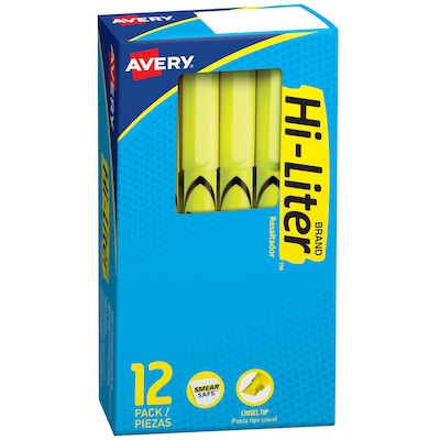 Avery Hi-Liter Pen-Style Stick Highlighters, Chisel Tip, Yellow, Dozen (23591)