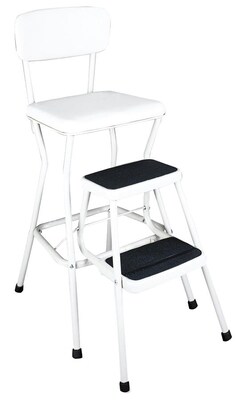 Cosco Products Cosco White Retro Counter Chair / Step Stool with Pull-out Steps, BRIGHT WHITE/BRIGHT WHITE