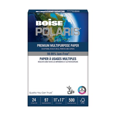 Boise® POLARIS Copy Paper, LEDGER-Size, 97/109+ US/Euro Brightness, 24 Lb., 11"H x 17"W, 2,500 Sheets/Ct
