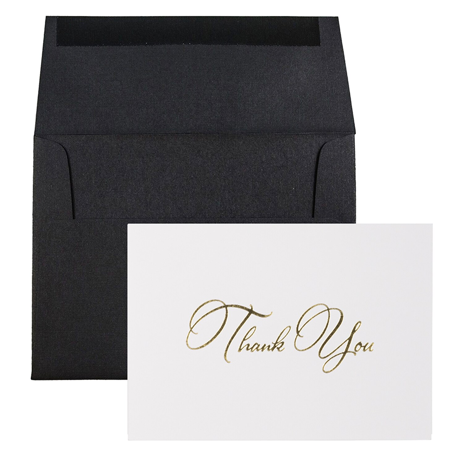 JAM Paper® Thank You Card Sets, White Care with Gold Script & Black Linen Envelopes, 25/Pack