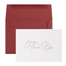 JAM Paper® Thank You Card Sets, Silver Script Cards with Dark Red Envelopes, 25/Pack