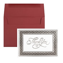 JAM Paper® Thank You Card Sets, Silver Border Cards with Dark Red Envelopes, 25/Pack