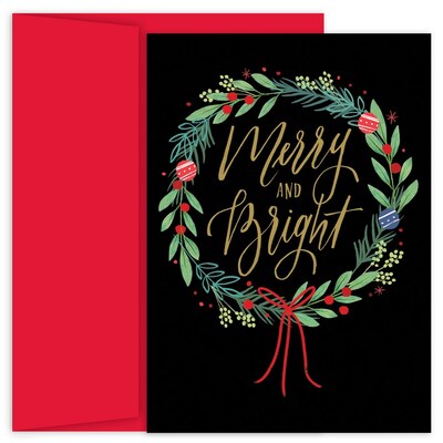 JAM Paper® Christmas Cards Boxed Set, Merry & Bright Wreath, 18/Pack