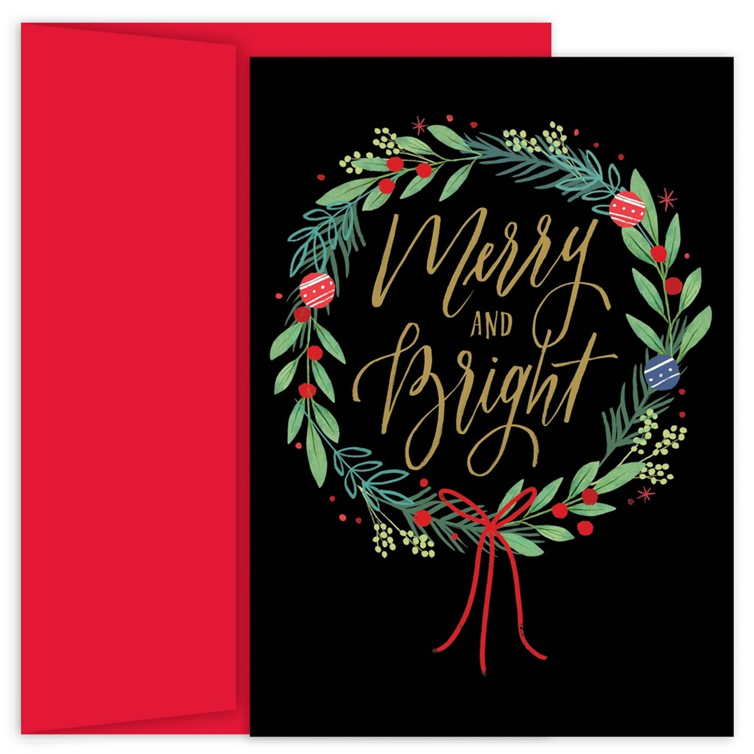JAM Paper® Christmas Cards Boxed Set, Merry & Bright Wreath, 18/Pack