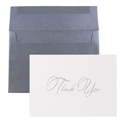 JAM Paper® Thank You Card Sets, Silver Script Cards with Anthracite Stardream Envelopes, 25/Pack