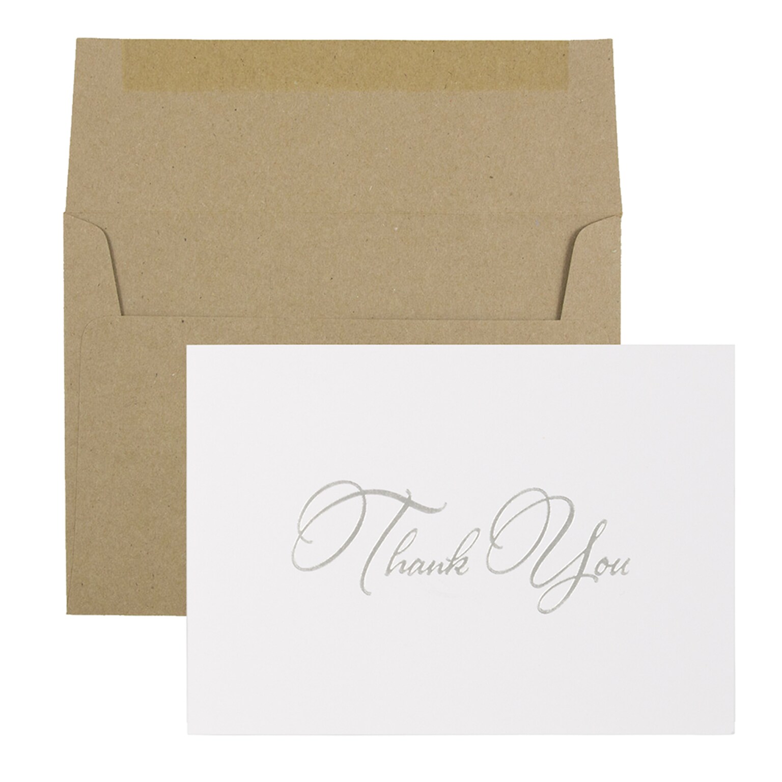 JAM Paper® Thank You Card Sets, Silver Script Cards with Kraft Envelopes, 25/Pack