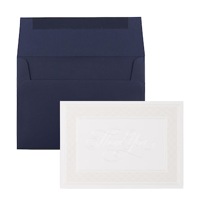 JAM Paper® Thank You Card Sets, Pearl Border Card with Navy Envelopes, 25/Pack