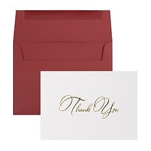 JAM Paper® Thank You Card Sets, White Care with Gold Script & Dark Red Envelopes, 25/Pack