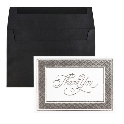 JAM Paper® Thank You Card Sets, Silver Border Cards with Black Linen Envelopes, 25/Pack