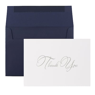 JAM Paper® Thank You Card Sets, Silver Script Cards with Navy Envelopes, 25/Pack