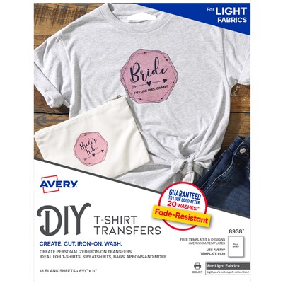 Avery Heat Transfer Paper for Light Fabrics, 8.5 x 11, Inkjet, 18 Transfers/Pack (8938)