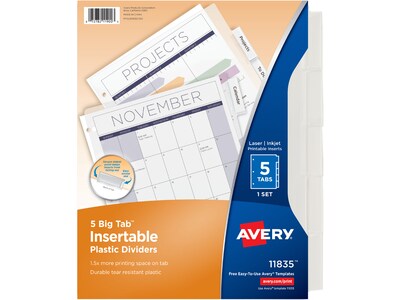 Avery Big Tab Blank Plastic Divider, 5-Tab, Clear, 1 Set per Pack (11835)