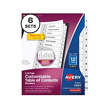 Avery Ready Index Table of Contents Paper Dividers, 1-12 Tabs, White, 6 Sets/Pack (11824)