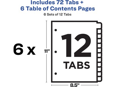 Avery Ready Index Table of Contents Paper Dividers, 1-12 Tabs, White, 6 Sets/Pack (11824)