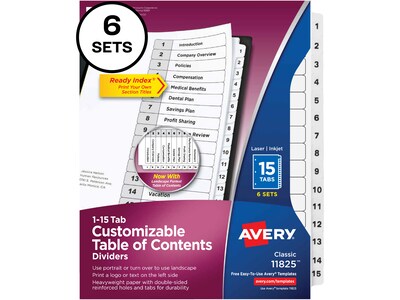 Avery Ready Index Table of Contents Paper Dividers, 1-15 Tabs, White, 6 Sets/Pack (11825)