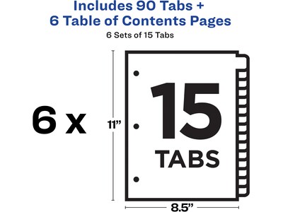 Avery Ready Index Table of Contents Paper Dividers, 1-15 Tabs, White, 6 Sets/Pack (11825)