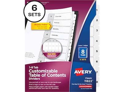 Avery Ready Index Table of Contents Paper Dividers, 1-8 Tabs, White, 6 Sets/Pack (11822)