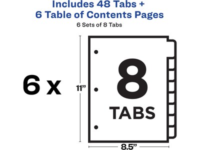 Avery Ready Index Table of Contents Paper Dividers, 1-8 Tabs, White, 6 Sets/Pack (11822)