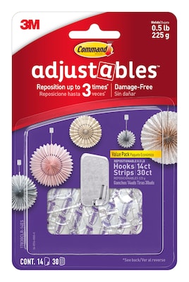 Command Adjustables Small Repositionable Hooks, Clear, 14 Hooks/Pack (17830CLR-14ES)