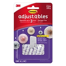 Command™ Adjustables™ Small Repositionable Hooks, Clear, 14 Hooks/Pack (17830CLR-14ES)