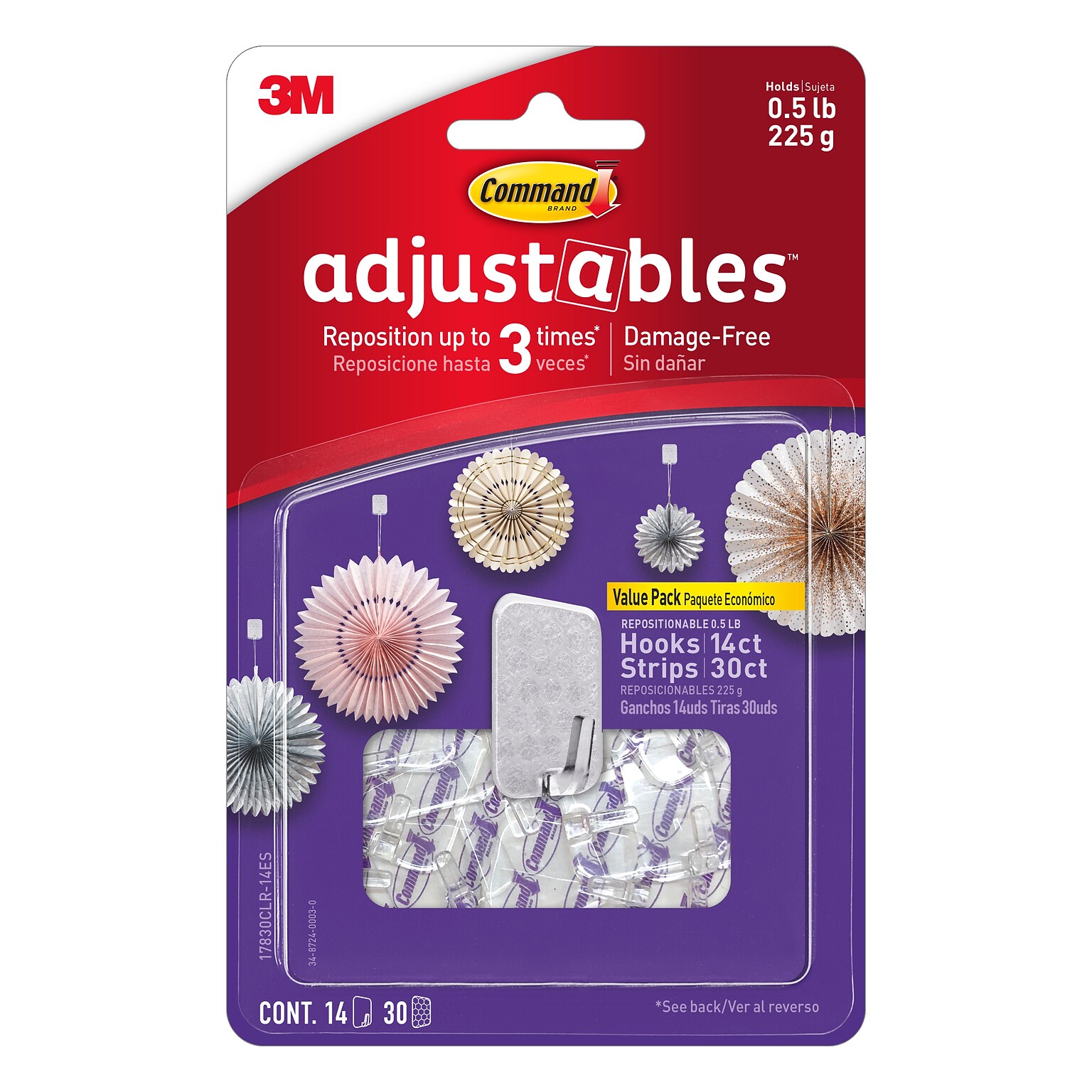 Command Adjustables Small Repositionable Hooks, Clear, 14 Hooks/Pack (17830CLR-14ES)