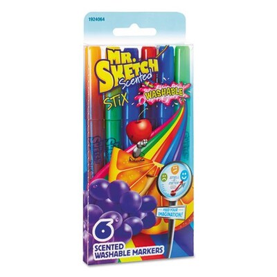 Mr. Sketch STIX Washable Markers, Fine Tip, Assorted, 6/Pack (1924064)