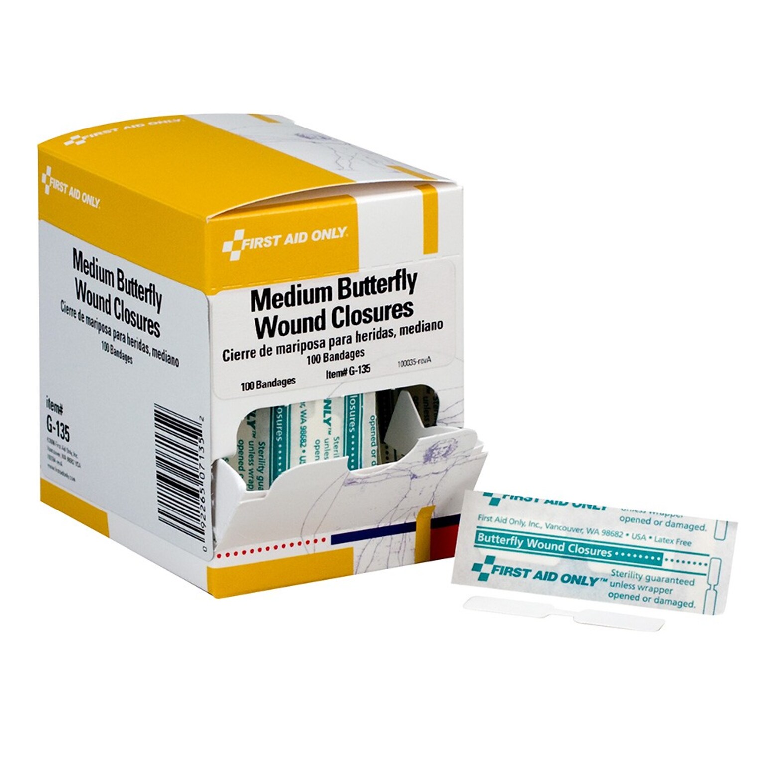 First Aid Only 0.38 x 1.75 Medium Butterfly Wound Adhesive Bandages, 100/Box (G135)