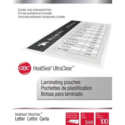 Swingline GBC HeatSeal UltraClear Thermal Laminating Pouches, Letter Size, 3 Mil, 100/Box (3745022)