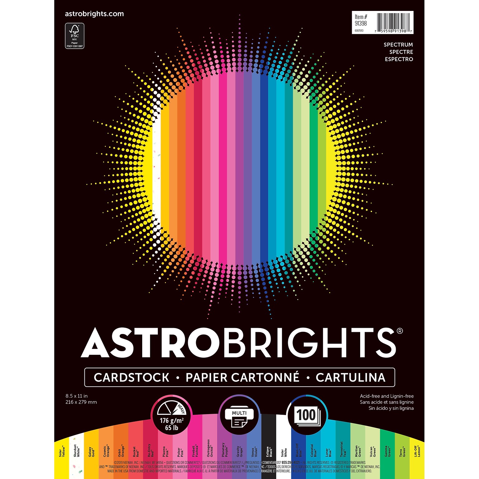 Astrobrights Colored Cardstock, 8.5 x 11, Spectrum Assortment, 100 Sheets/Ream (91398)