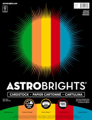 Astrobrights Colored Cardstock, 8.5 x 11, 65 lbs, Primary Assortment, 100/Pack (91646)